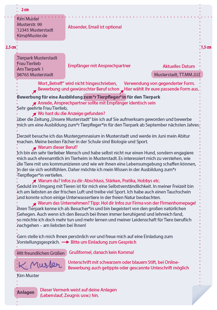 Grafik: Musteranschreiben. Das Beispielanschreiben wird durch Hinweise zu den einzelnen Bestandteilen der Bewerbung und zur Formatierung ergänzt.